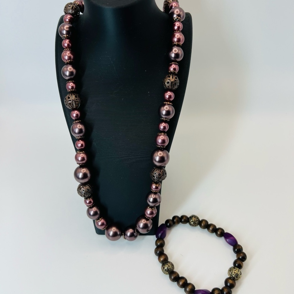 Vintage Plum Pearl Beaded Necklace with Matching Stretch Bracelet Set